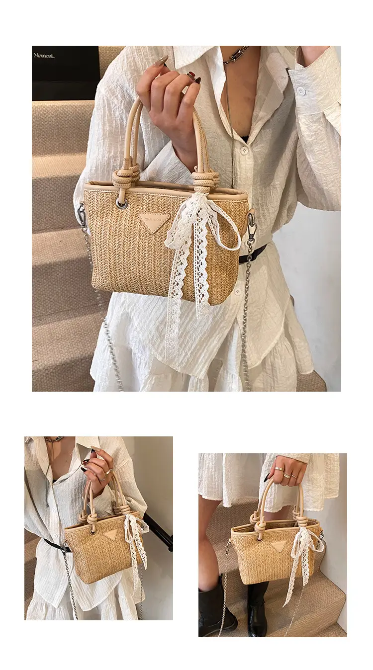 Straw Handbag with Lace Bow for Women — feature 13