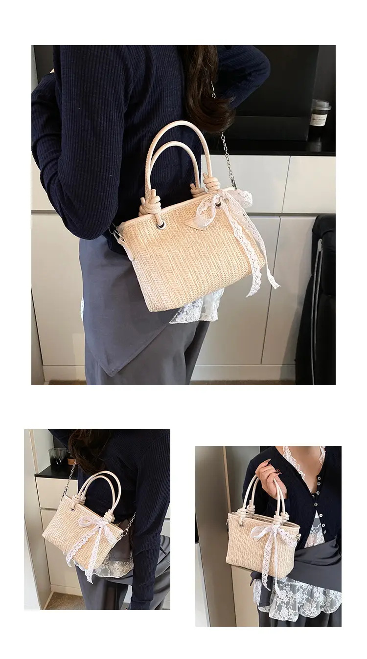 Straw Handbag with Lace Bow for Women — feature 14