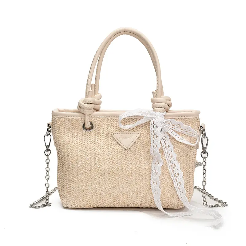 Straw Handbag with Lace Bow for Women - Image 3