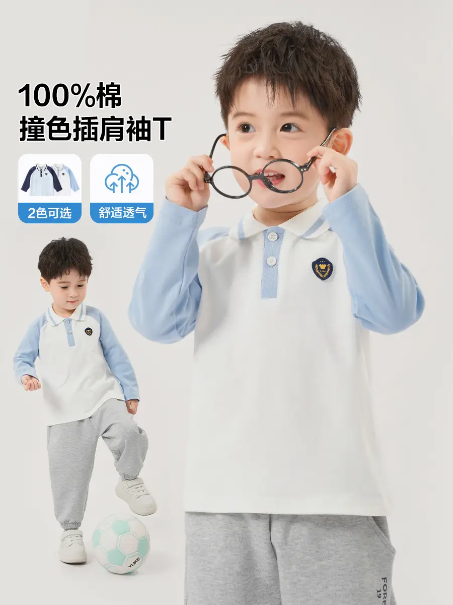 Boys' Blue White Polo T-Shirt Long Sleeve Pure Cotton Spring Autumn Kids