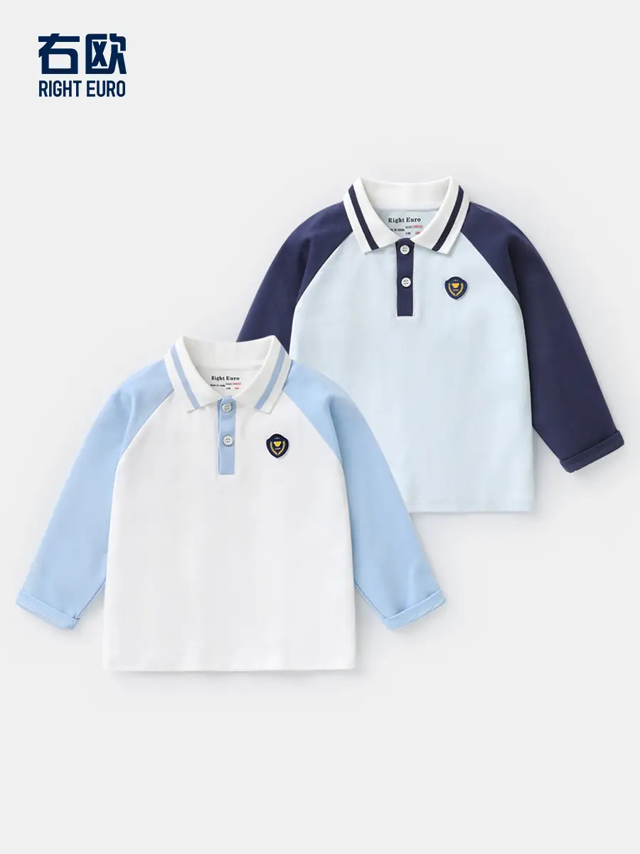 Boys' Blue White Polo T-Shirt Long Sleeve Pure Cotton Spring Autumn Kids
