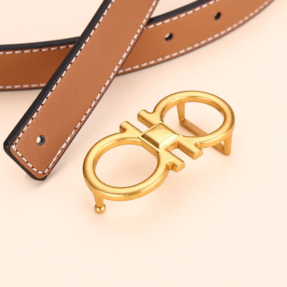 Cross-Border Women's Leather Belt with Gold Buckle