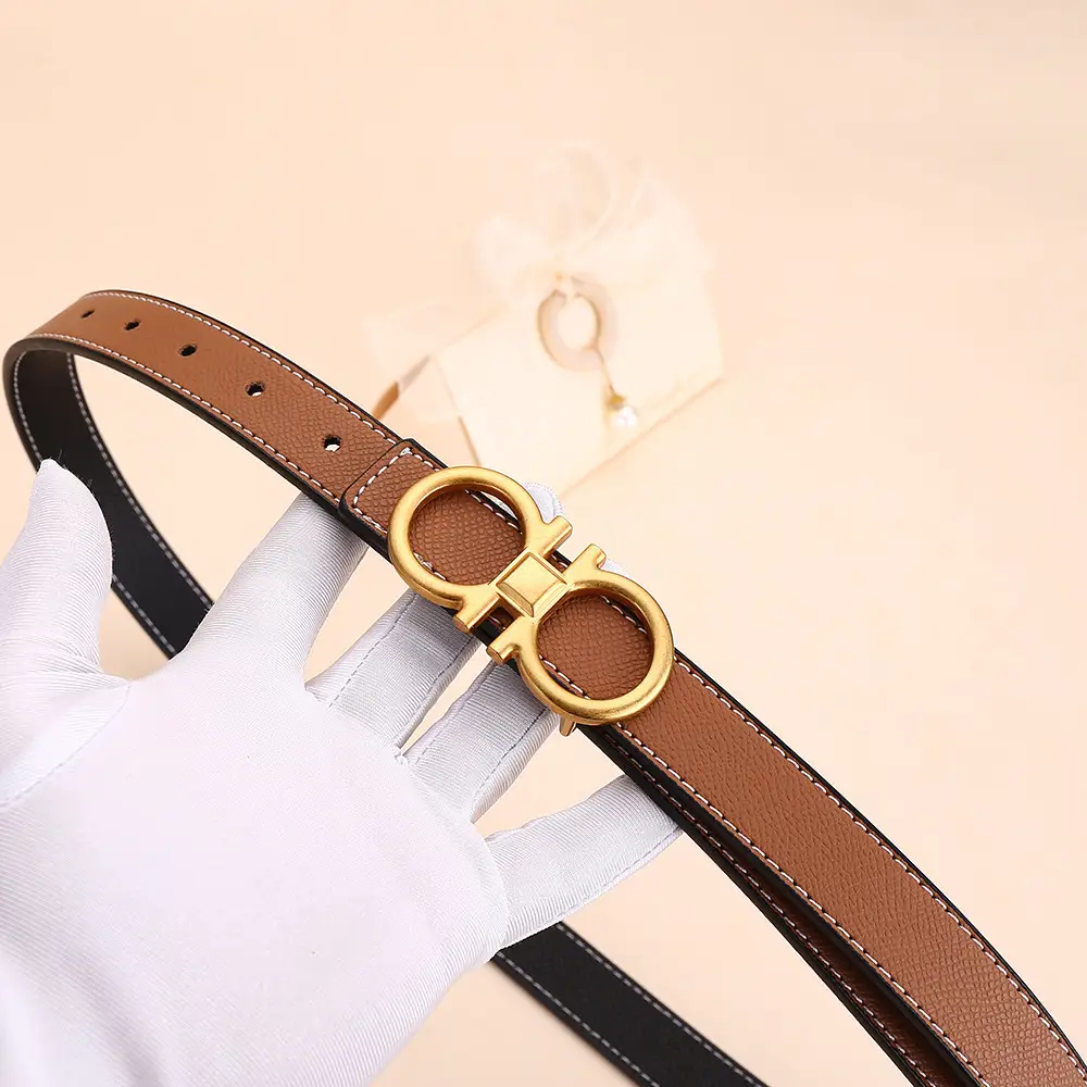 Cross-Border Women's Leather Belt with Gold Buckle