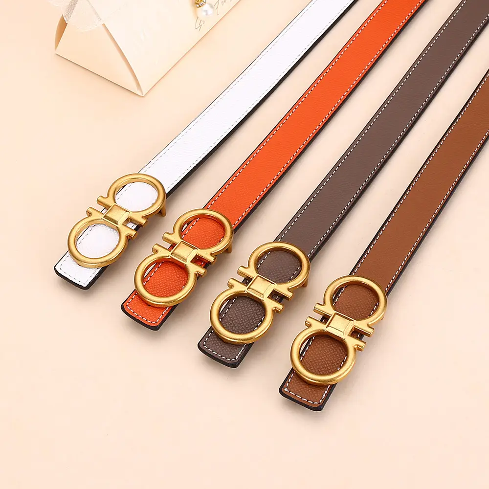 Cross-Border Women's Leather Belt with Gold Buckle
