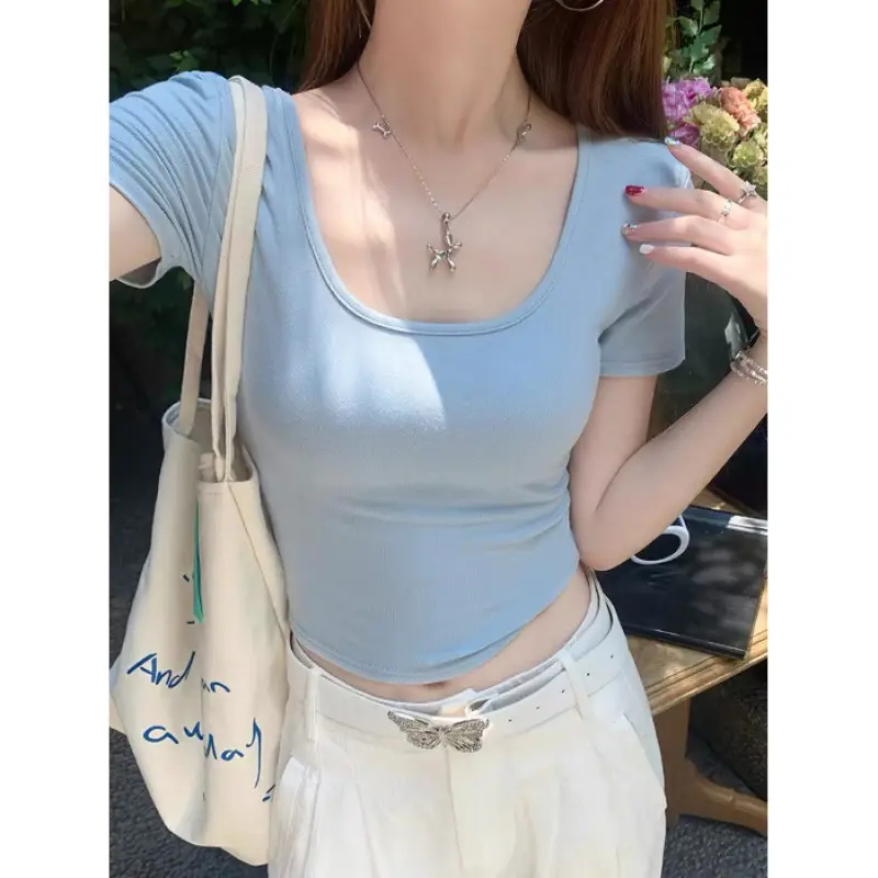 Hot Small Short Cropped U-collar Top Slim-fit Shoulder Large Neck Short-sleeved T-shirt Women's 2025 New Summer