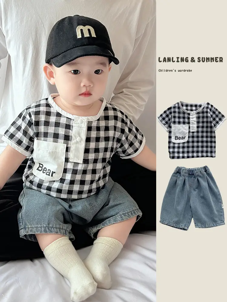 Boys Summer Plaid Cotton T-Shirt Set with Shorts