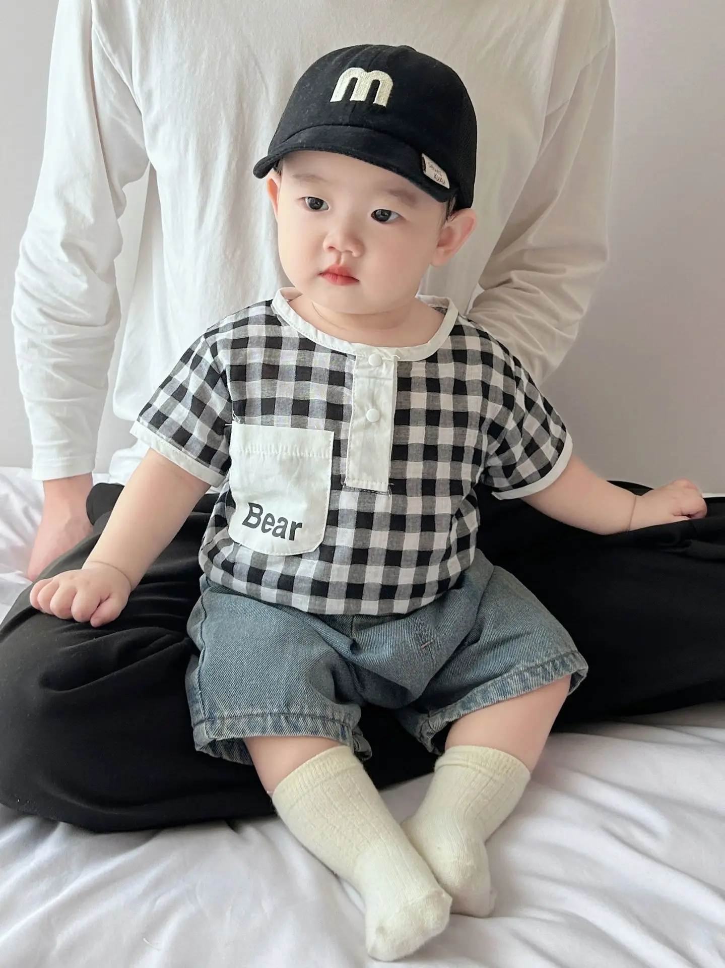 Boys Summer Plaid Cotton T-Shirt Set with Shorts