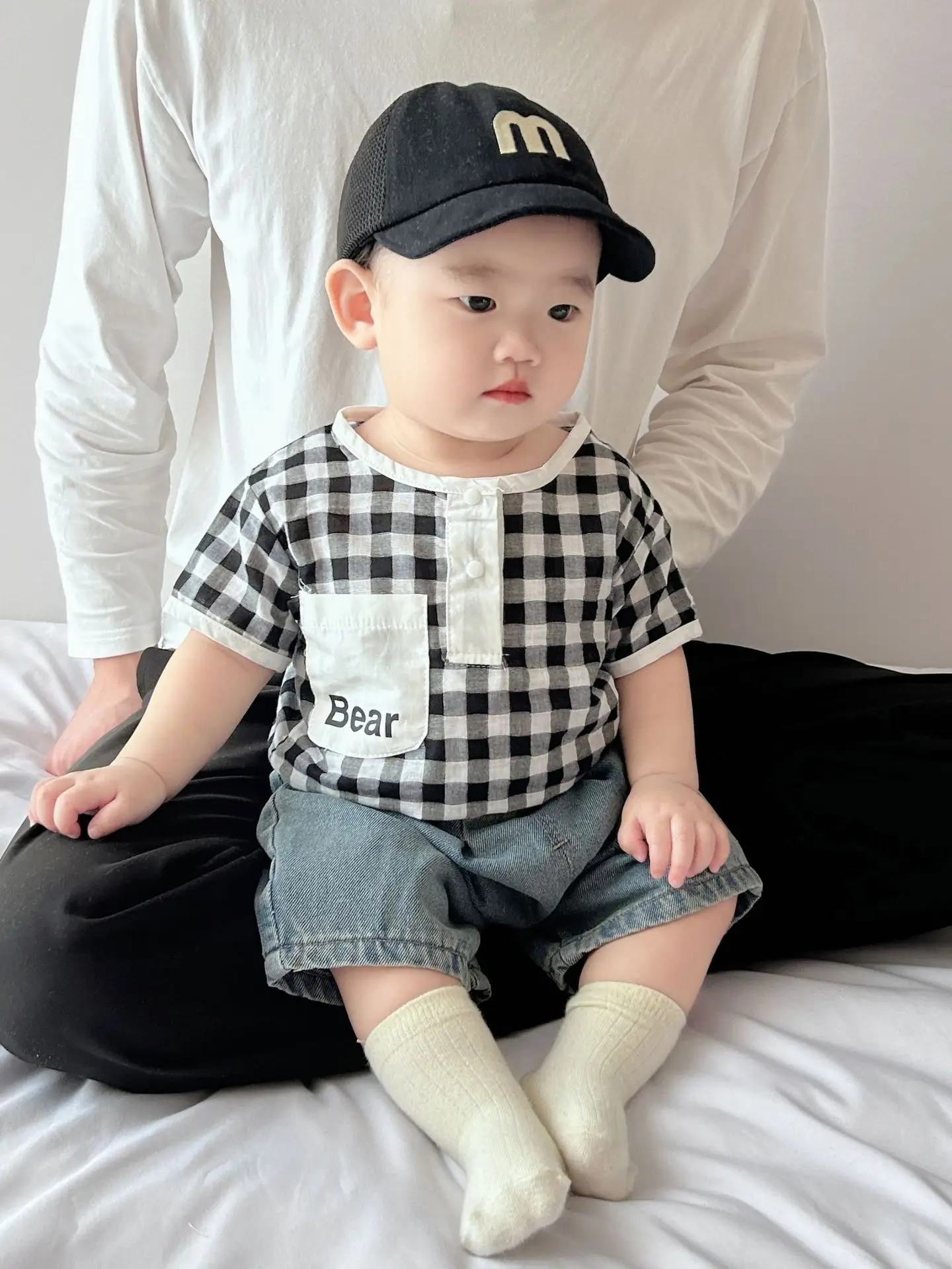 Boys Summer Plaid Cotton T-Shirt Set with Shorts