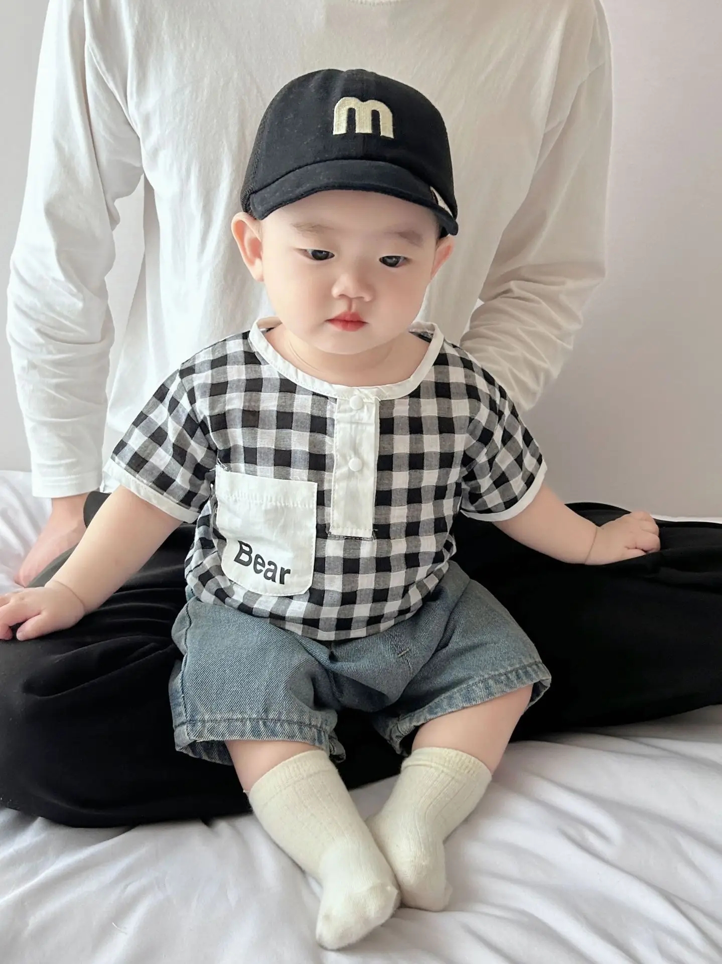 Boys Summer Plaid Cotton T-Shirt Set with Shorts