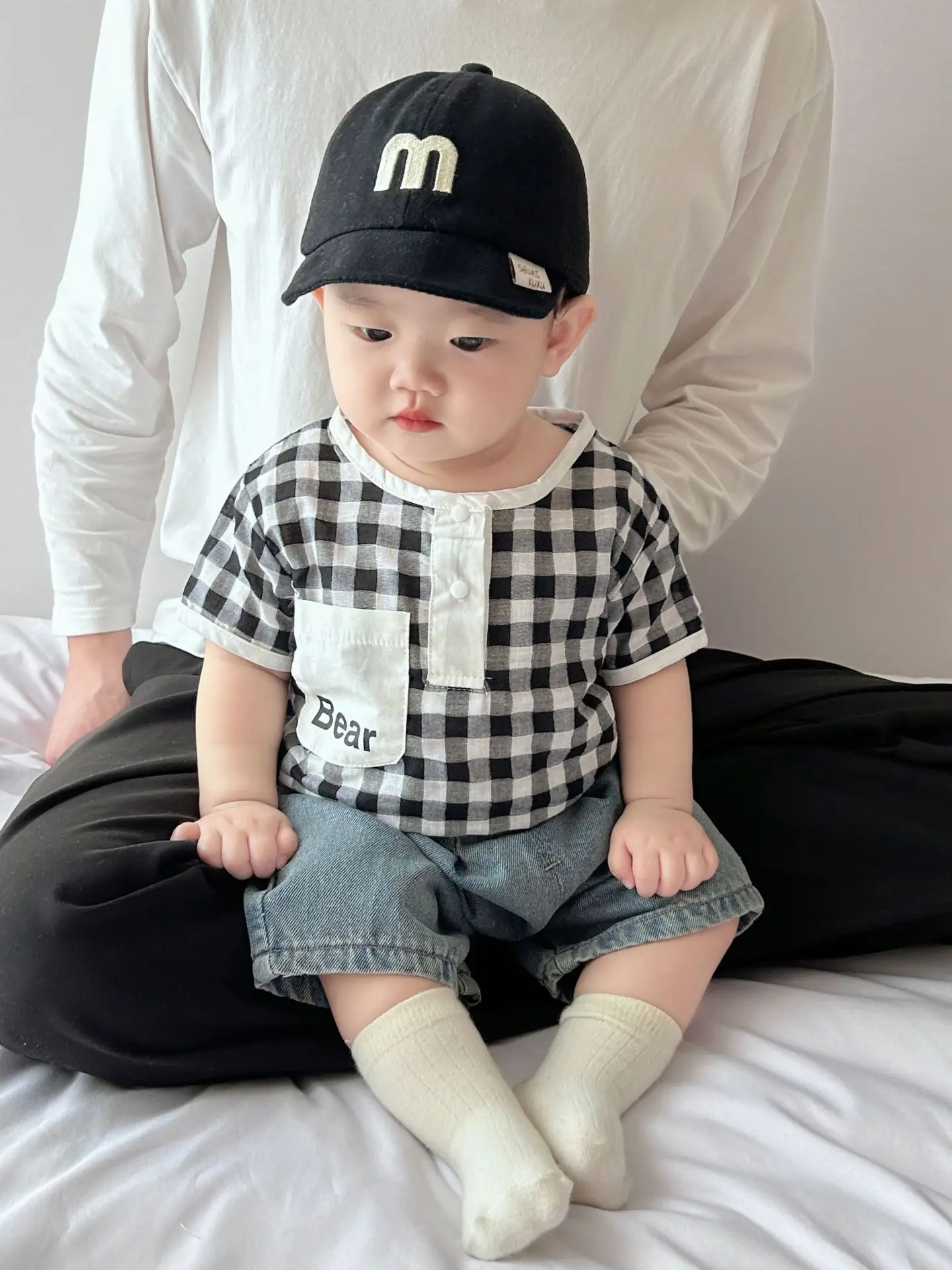 Boys Summer Plaid Cotton T-Shirt Set with Shorts