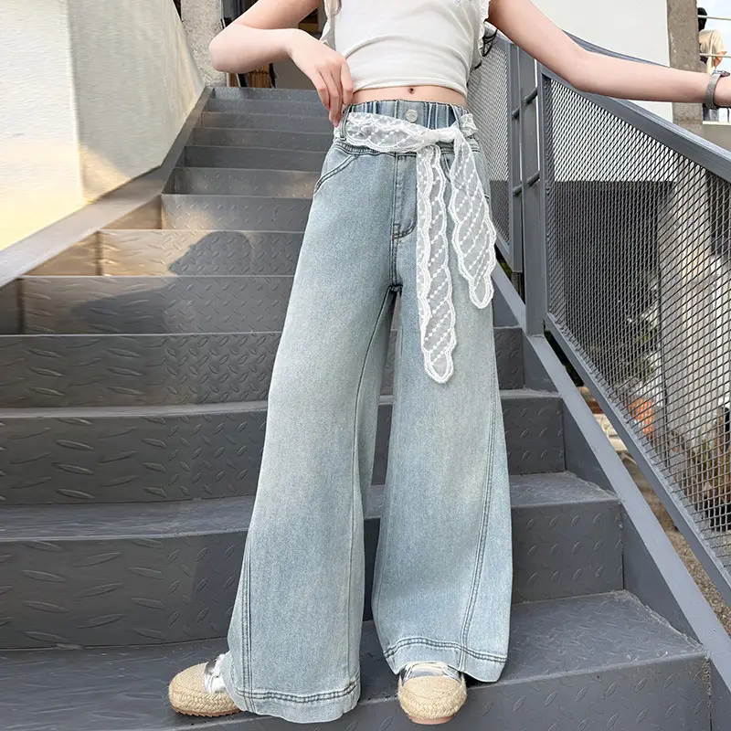 Girls Wide Leg Denim Trouser with Lace Belt High Waist