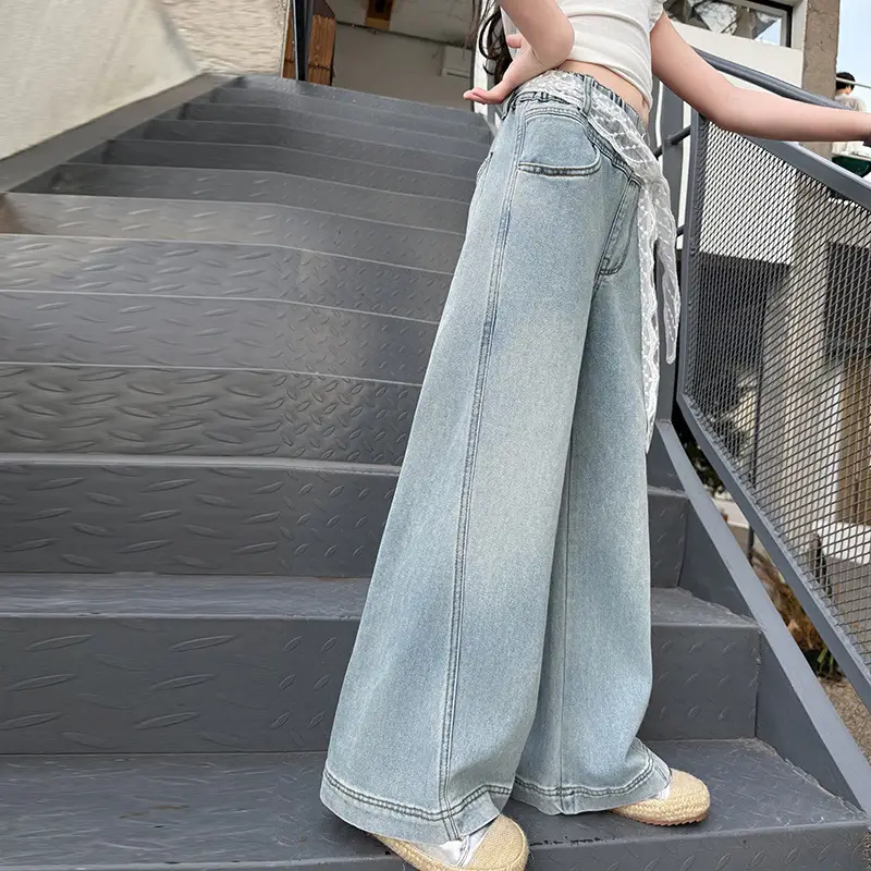 Girls Wide Leg Denim Trouser with Lace Belt High Waist