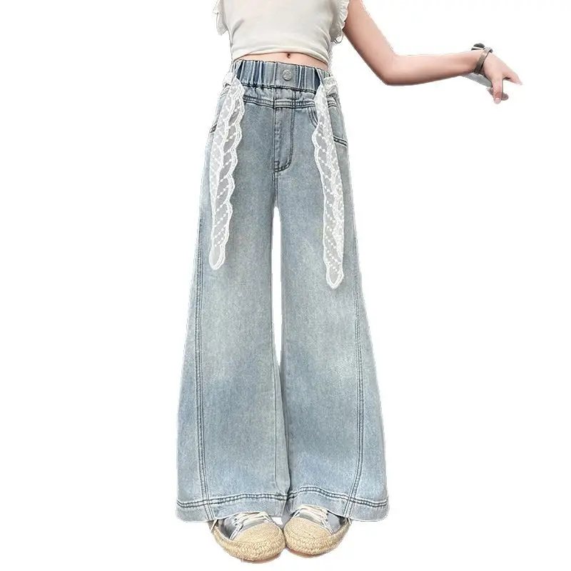 Girls Wide Leg Denim Trouser with Lace Belt High Waist