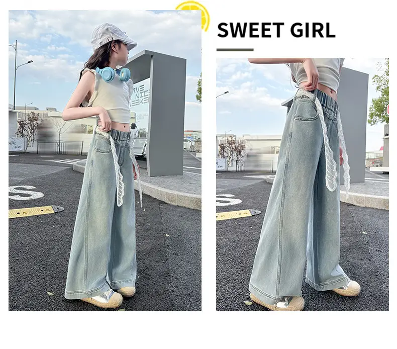 Girls Wide Leg Denim Trouser with Lace Belt High Waist — feature 10