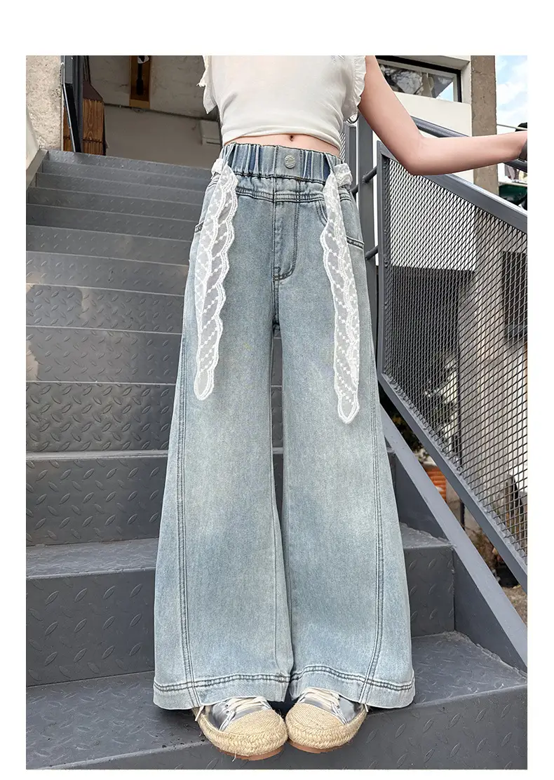 Girls Wide Leg Denim Trouser with Lace Belt High Waist — feature 11