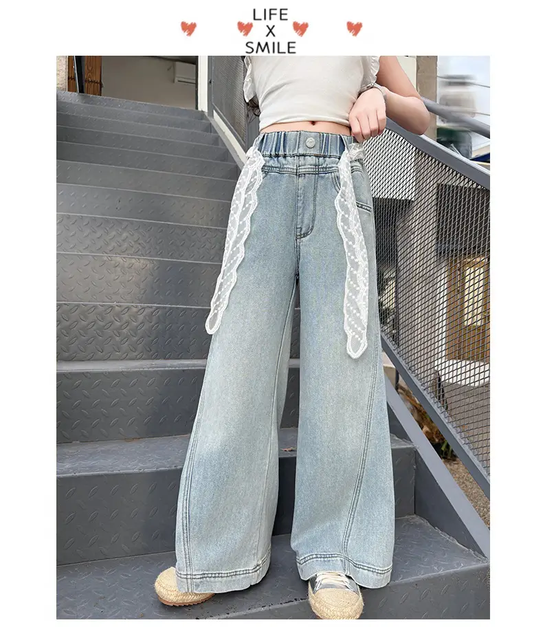 Girls Wide Leg Denim Trouser with Lace Belt High Waist — feature 12