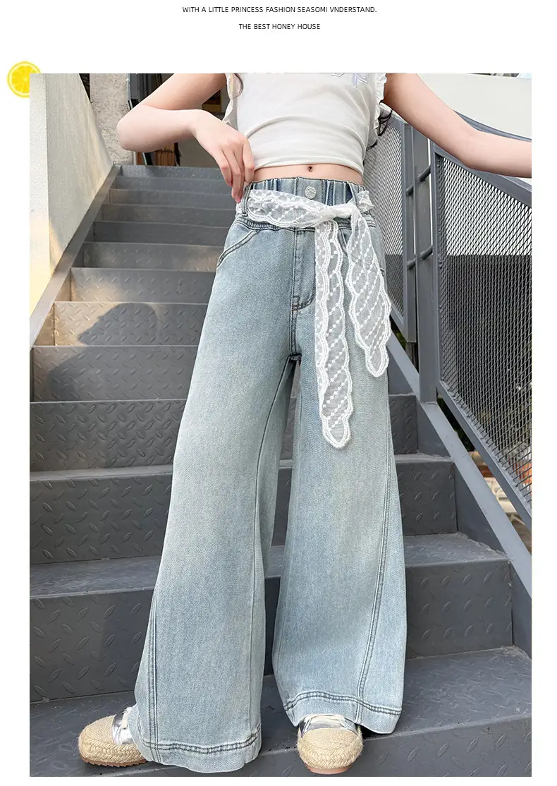 Girls Wide Leg Denim Trouser with Lace Belt High Waist — feature 13