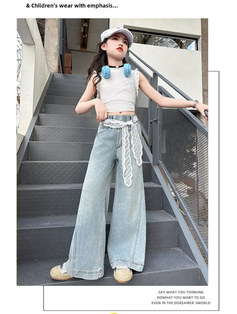 Girls Wide Leg Denim Trouser with Lace Belt High Waist — feature 14