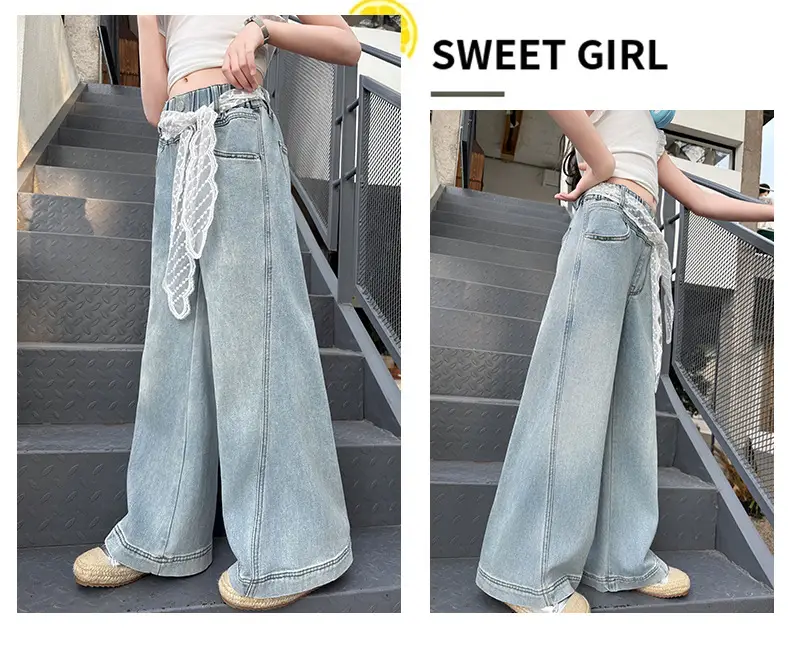 Girls Wide Leg Denim Trouser with Lace Belt High Waist — feature 15