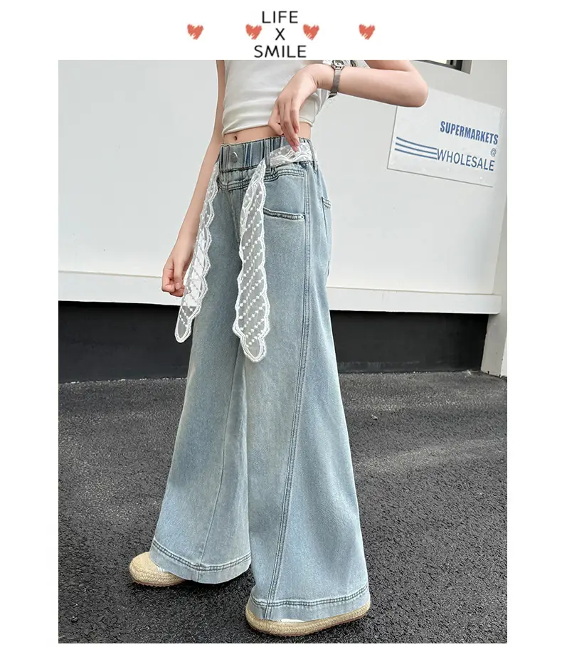Girls Wide Leg Denim Trouser with Lace Belt High Waist — feature 7