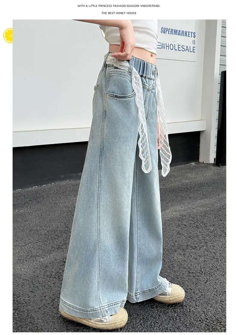 Girls Wide Leg Denim Trouser with Lace Belt High Waist — feature 8