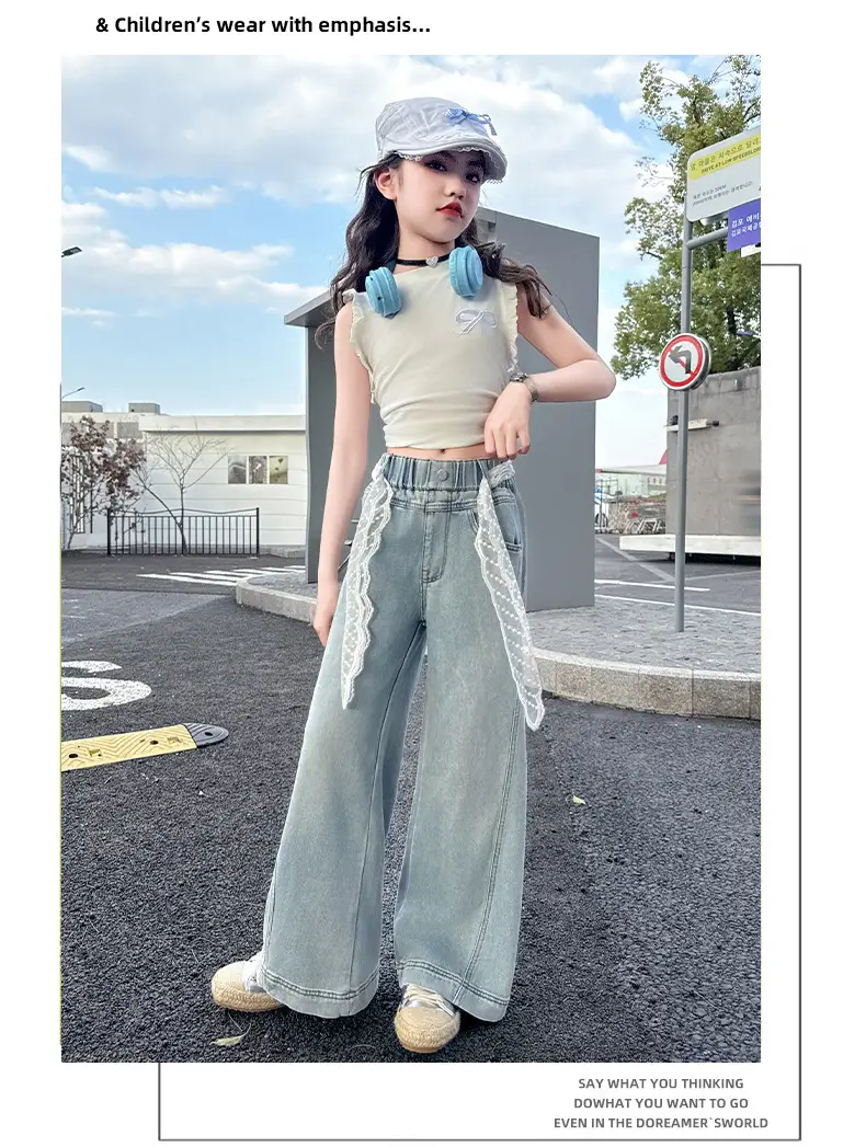 Girls Wide Leg Denim Trouser with Lace Belt High Waist — feature 9