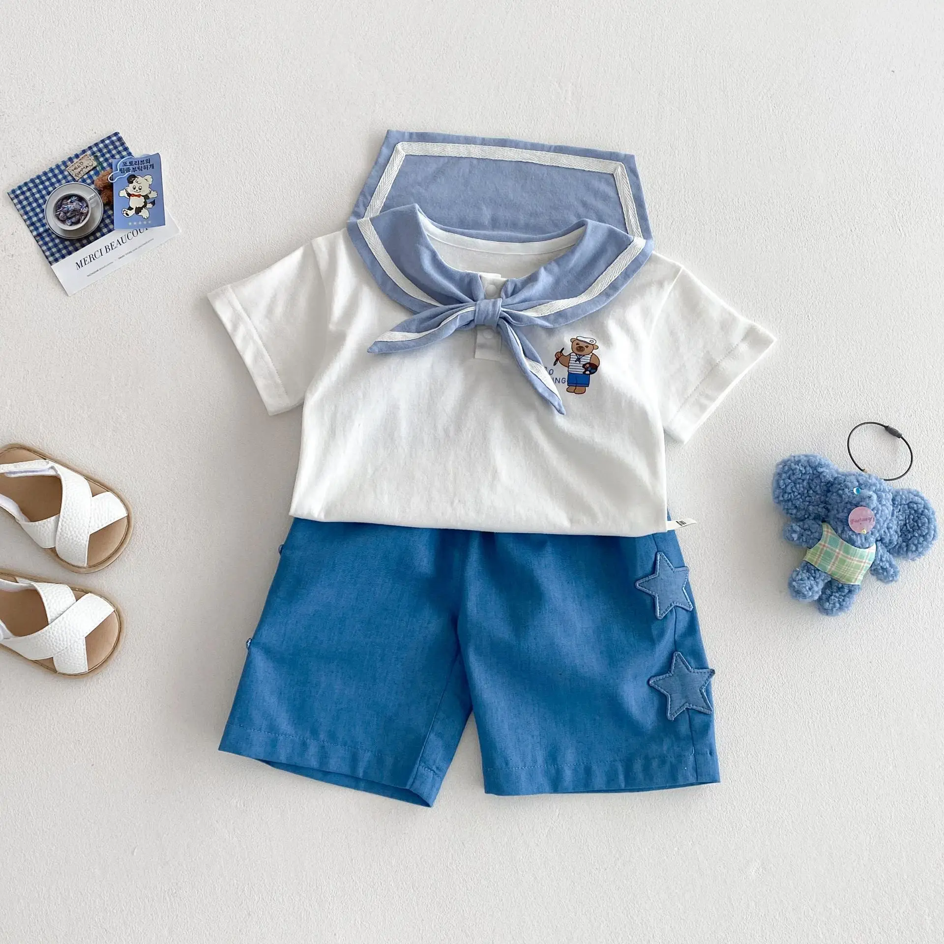 Baby Bear Print Navy Blue Shorts Set for Girls - Image 6