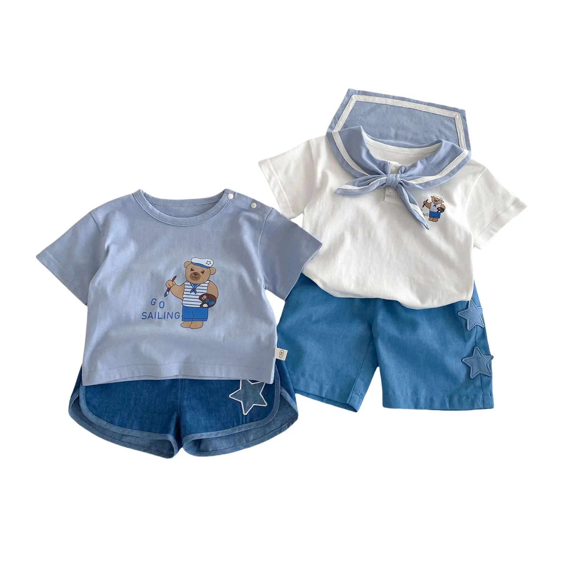 Baby Bear Print Navy Blue Shorts Set for Girls - Image 8