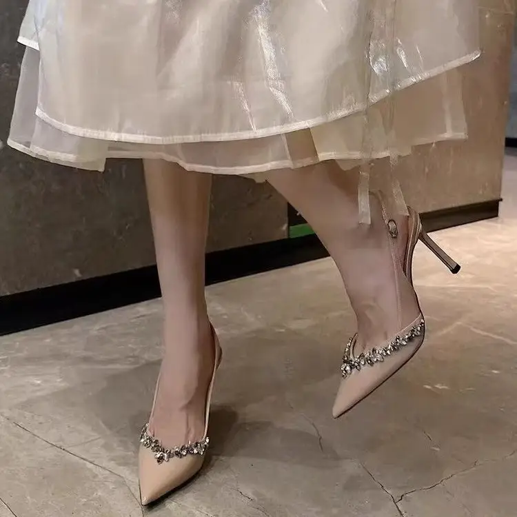 Black Sexy Pointed-Toe Stiletto High Heels 2026 New Style Closed-Toe Shallow Mouth Rhinestone Patent Leather Ankle Strap Sandals for Women - Image 3