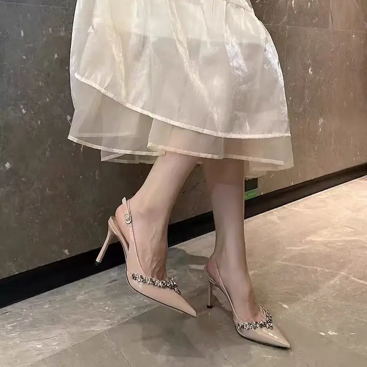Black Sexy Pointed-Toe Stiletto High Heels 2026 New Style Closed-Toe Shallow Mouth Rhinestone Patent Leather Ankle Strap Sandals for Women - Image 4