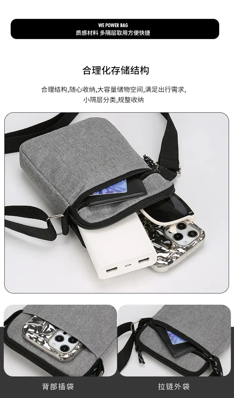Men's Lightweight Canvas Shoulder Bag Grey Multi Color — feature 9
