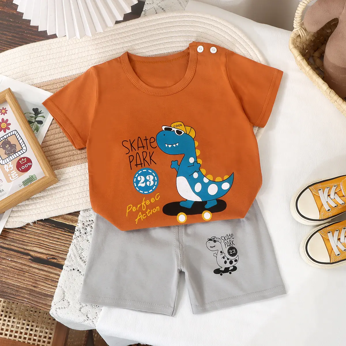 Baby Dinosaur Striped Cotton Shorts Suit Orange Grey - Image 19