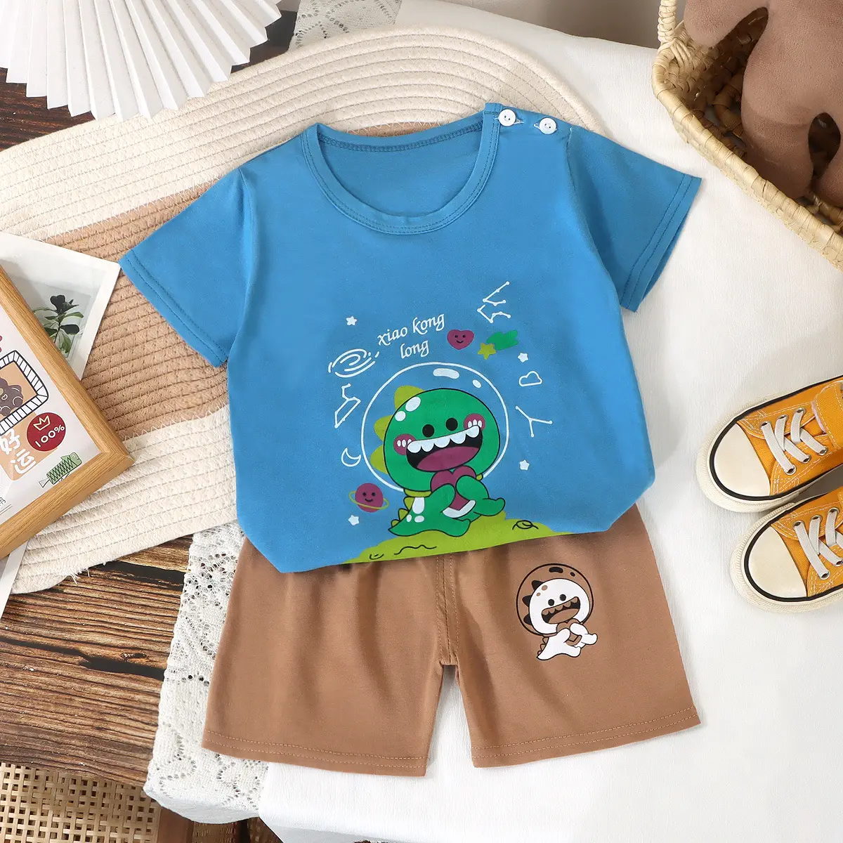 Baby Dinosaur Striped Cotton Shorts Suit Orange Grey - Image 13
