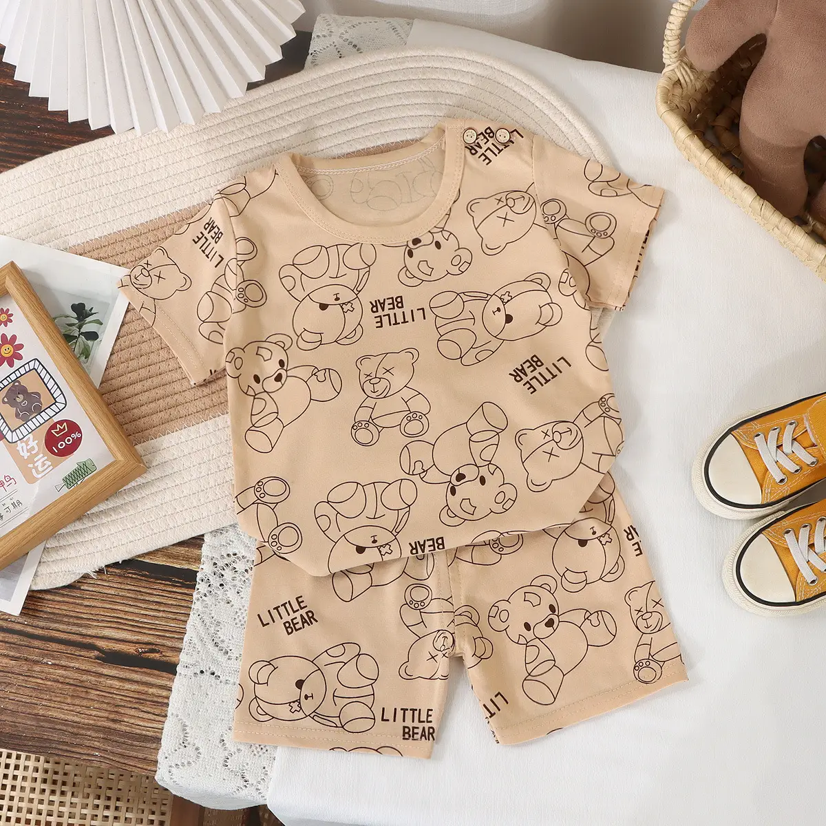 Baby Dinosaur Striped Cotton Shorts Suit Orange Grey - Image 17