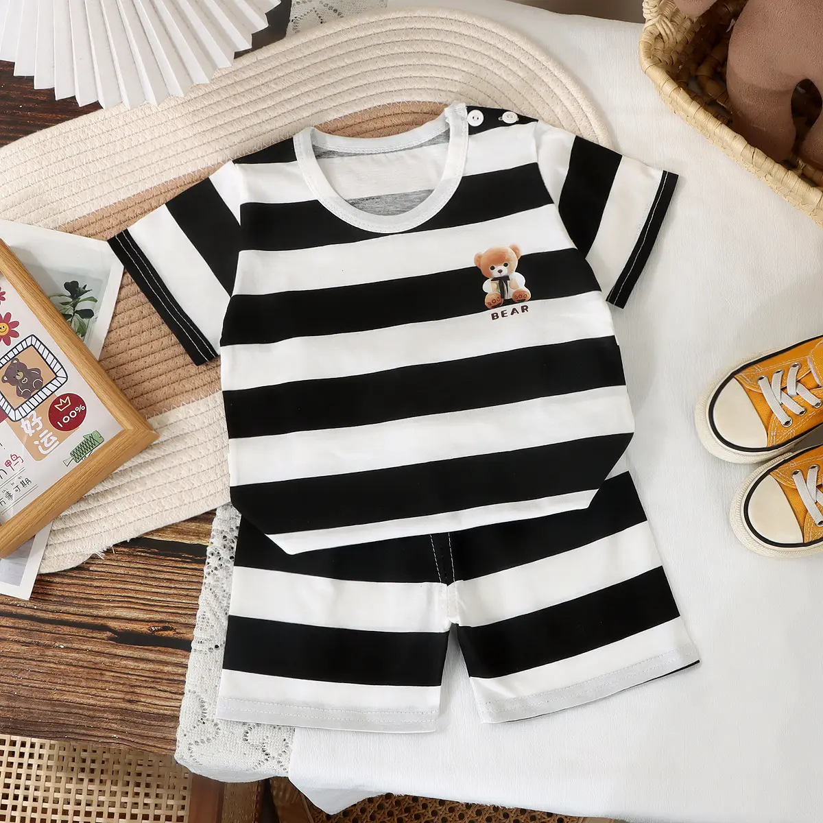 Baby Dinosaur Striped Cotton Shorts Suit Orange Grey - Image 5