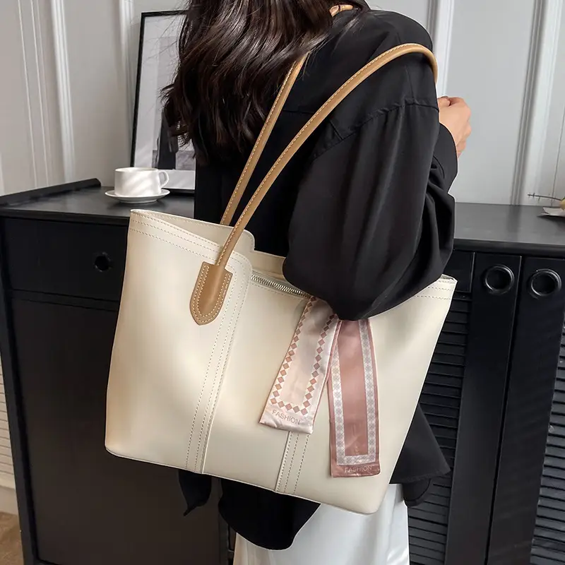 Cross-Border Women's Large Capacity Tote Bag Beige Leather - Image 8