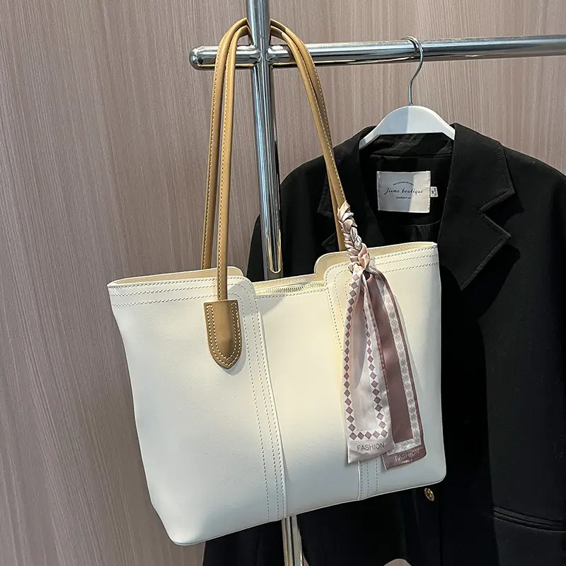 Cross-Border Women's Large Capacity Tote Bag Beige Leather - Image 2