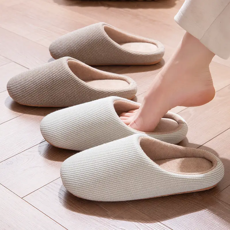 Japanese Striped Warm Slippers Women Spring Autumn Mute Soft Bottom