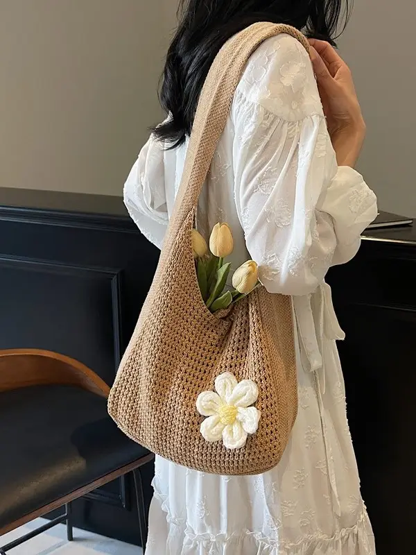 Women's Lazy Knitted Shoulder Bag Tan New Spring 2025 - Image 5