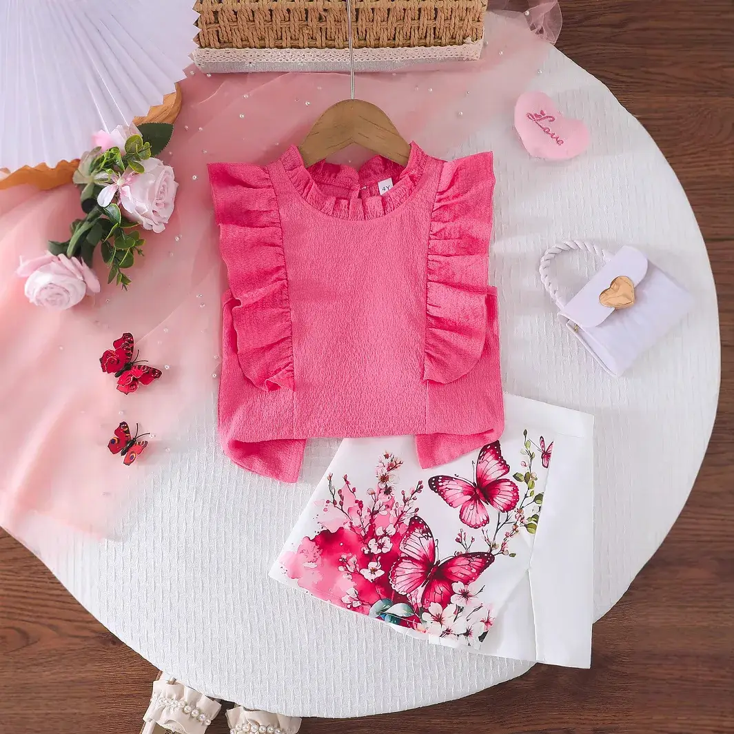 Amazon Cross-border E-commerce Girls Summer Lotus Sleeve Pink Top with Butterfly Flower Print White Shorts