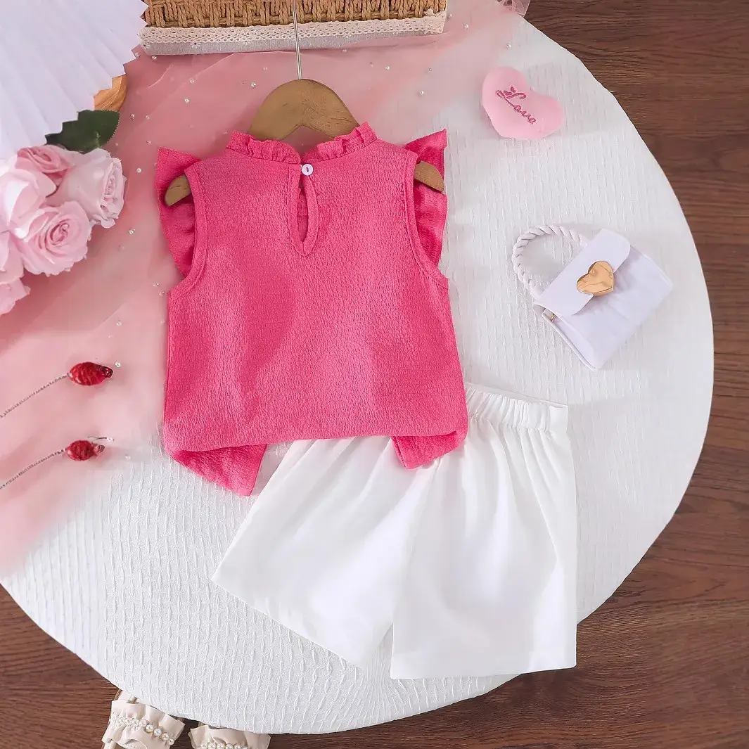 Amazon Cross-border E-commerce Girls Summer Lotus Sleeve Pink Top with Butterfly Flower Print White Shorts