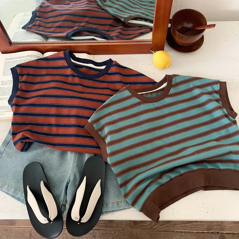 Children Cotton Striped T-Shirt Brown Teal - Image 3