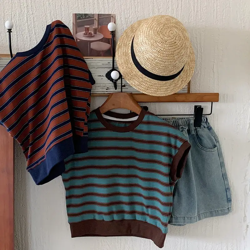 Children Cotton Striped T-Shirt Brown Teal - Image 5