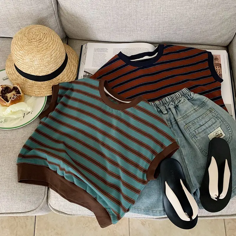 Children Cotton Striped T-Shirt Brown Teal — feature 10