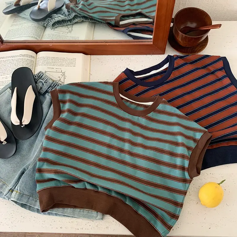 Children Cotton Striped T-Shirt Brown Teal — feature 3