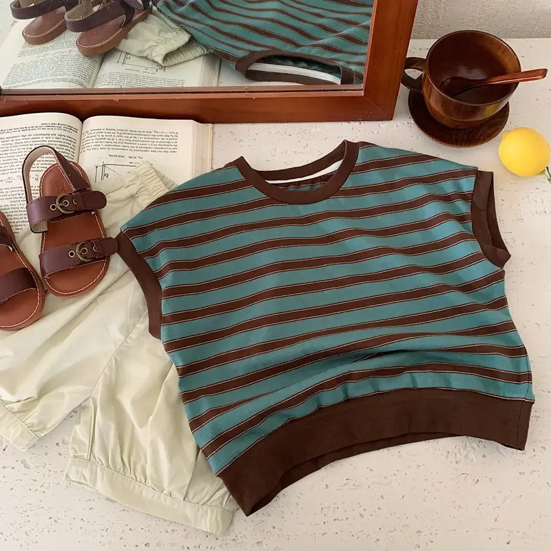 Children Cotton Striped T-Shirt Brown Teal — feature 5
