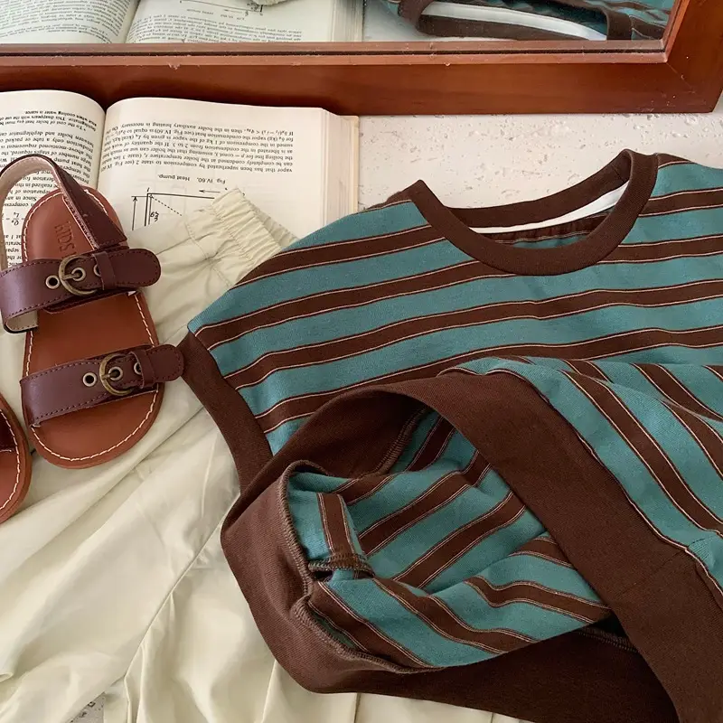 Children Cotton Striped T-Shirt Brown Teal — feature 6
