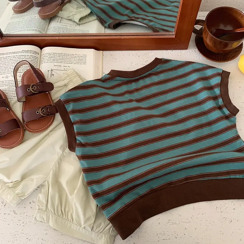 Children Cotton Striped T-Shirt Brown Teal — feature 7