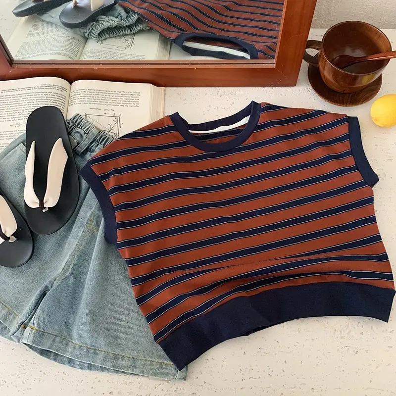 Children Cotton Striped T-Shirt Brown Teal — feature 8