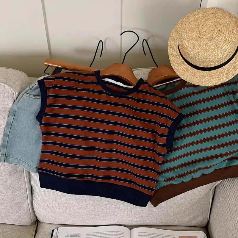 Children Cotton Striped T-Shirt Brown Teal — feature 9